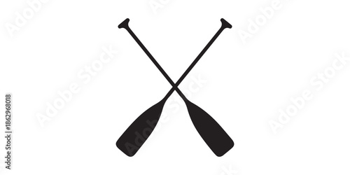 Two crossed oars vector icon. Two black Kayak or canoe paddle silhouette. Rowing paddles sign. Plastic oars. Water sport. River rafting. Symbol isolated on white background.
