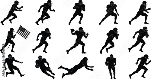 american football player silhouette athlete running action sport team game vector icon black illustration collection isolated