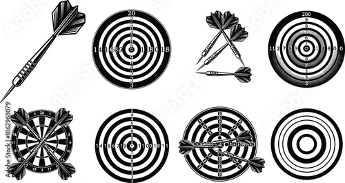 dartboard darts target bullseye archery sport game silhouette vector icon black white illustration isolated design collection