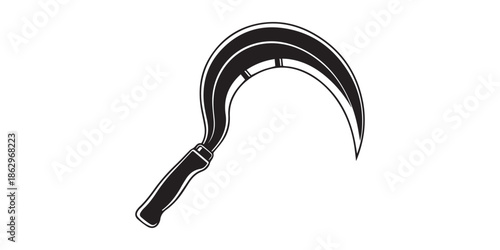 Download high resolution vector graphic of black silhouette sickle tool for harvesting crops and grass,Sickle tool silhouette icon vector. Traditional farming hand tool design for harvest, agriculture