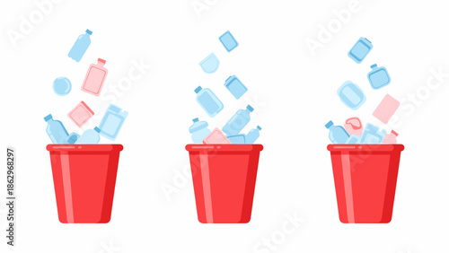 Plastic bottles and containers falling into red trash cans, illustrating waste disposal and recycling.