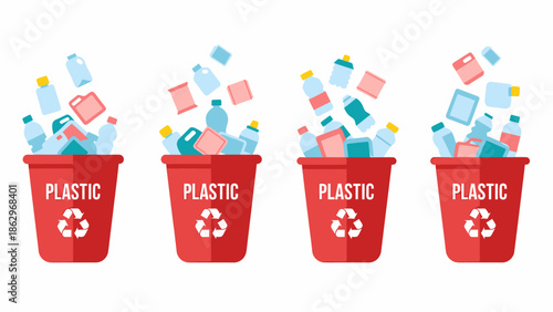 Four red recycling bins with plastic items falling into them, emphasizing plastic waste collection and environmental responsibility.