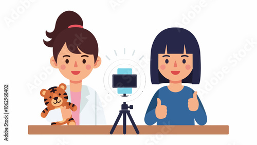 Two young women recording a video with a smartphone and ring light, one holding a tiger toy and the other giving a thumbs-up.