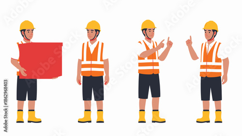 Four cartoon construction workers in safety gear, performing different actions.