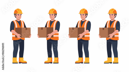 Four cartoon construction workers or delivery men holding cardboard boxes.