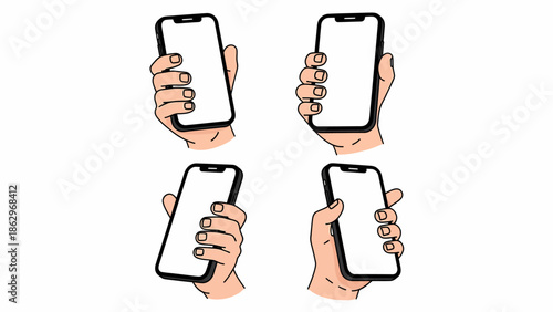 Four different hands holding a blank screen smartphone in various positions, isolated on white background.