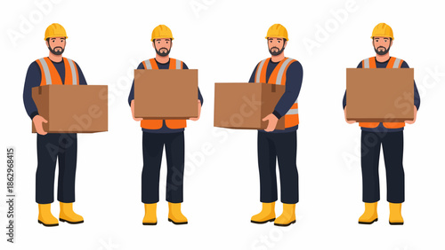 Four male construction workers in safety gear holding cardboard boxes on white background.