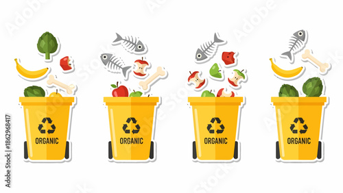Four yellow organic waste bins with various food scraps and biodegradable items falling into them, illustrating proper waste sorting.