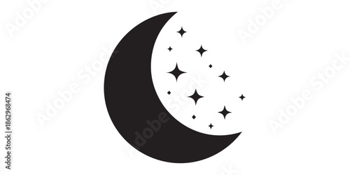 Moon crescent icon, black silhouette of moon with sparkle. vector illustration on white background.Simple black crescent moon with small sparkling stars on white background