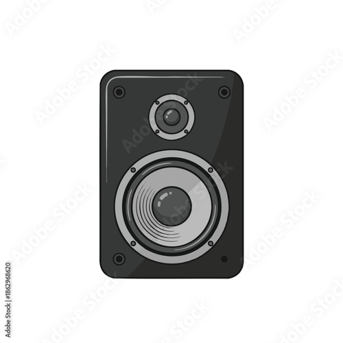 An illustrated grayscale sound speaker cabinet with two concentric speaker cones