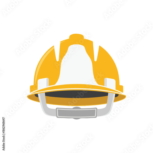 A frontal view of a yellow and white construction helmet with grey accents