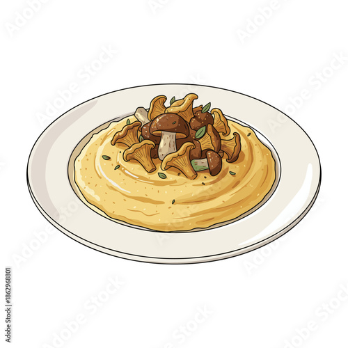 Creamy Polenta Topped with Wild Chanterelles and Boletus Mushrooms Hand-Drawn Illustration