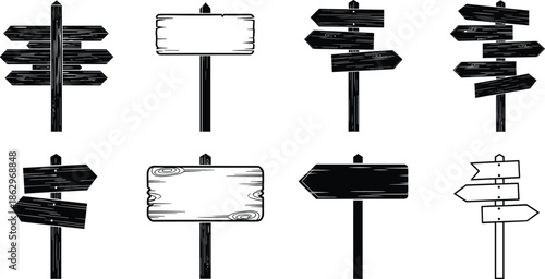 signpost, signboard, direction, directions, pointer, arrow, arrows, guidepost, wayfinding, navigation, crossroads, signage, wooden, rustic, vintage, blank, empty, silhouette, vector, illustration