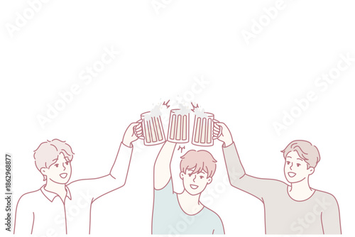Smiling young men clinking glasses drinking beer together. Happy guys cheers enjoy party have fun. Friendship concept. Vector illustration.