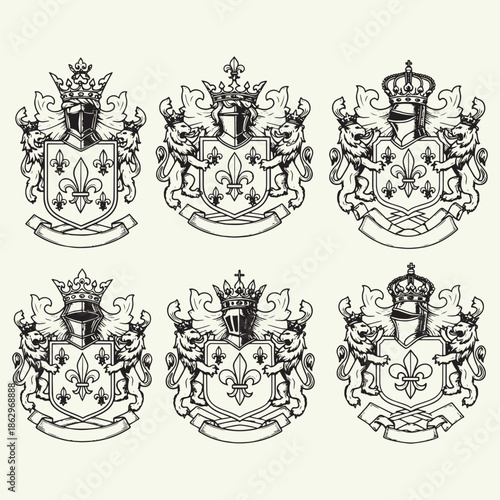 Set of heraldic vector luxury coat of arms with lions, crowns and hand drawn fleur de lis illustration in vintage style