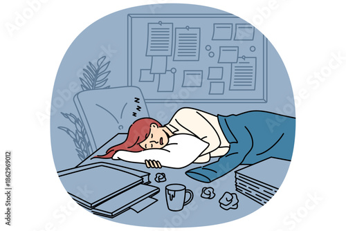 Tired businesswoman sleeps on office desk among papers and kanban board, due to burnout caused by strict deadlines. Sleeping clerk girl is forced to stay overnight at work because of deadlines
