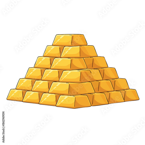 A cartoon illustration shows a pyramid of golden ingots on a white background