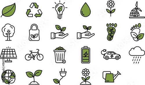  Minimalist Vector Icon Collection Representing Environmental Concepts and Sustainability Practices with Earth, Renewable Energy, Recycling, Green Living, and Eco-Friendly Symbols 