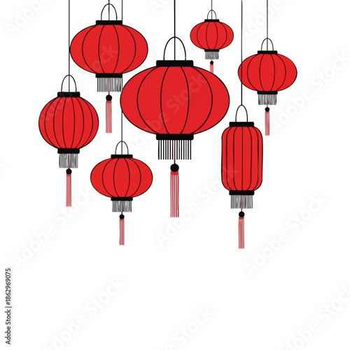 Red lanterns of various shapes hang with tassels on white, simple artwork