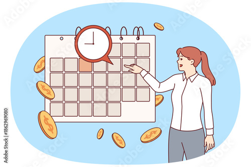 Payment calendar near business woman studying schedule of mandatory expenses and interest payments on loan. Payment calendar to avoid violation of financial or credit obligations resulting in fine
