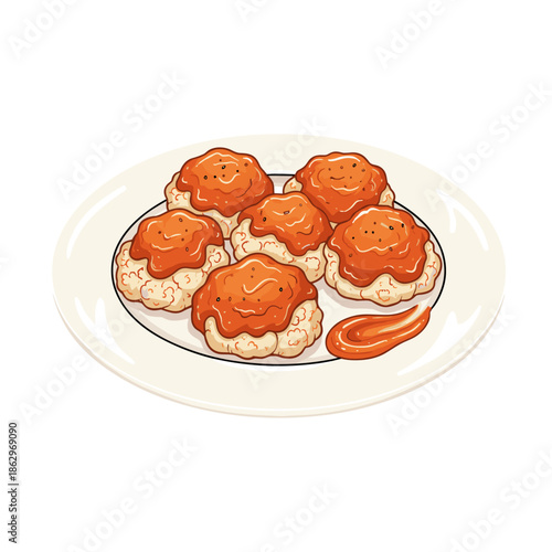 Plate of delicious cooked dumplings or fritters topped with spicy red sauce