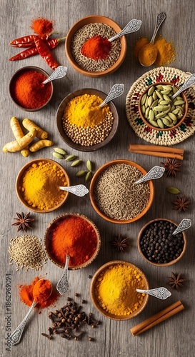 Assortment of colorful whole and ground culinary seasonings displayed on a rustic wooden surface