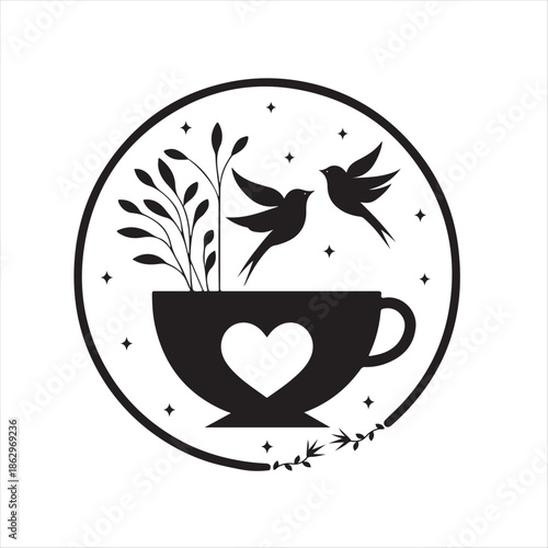 A delicate black and white illustration of birds leaves and a teacup