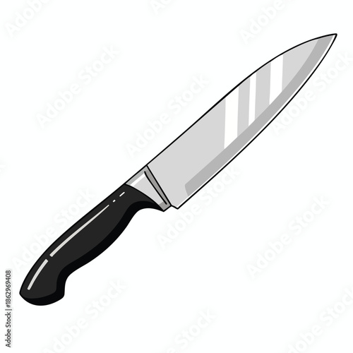 Illustration of a chef's knife, black handle, shiny blade, diagonal on white background