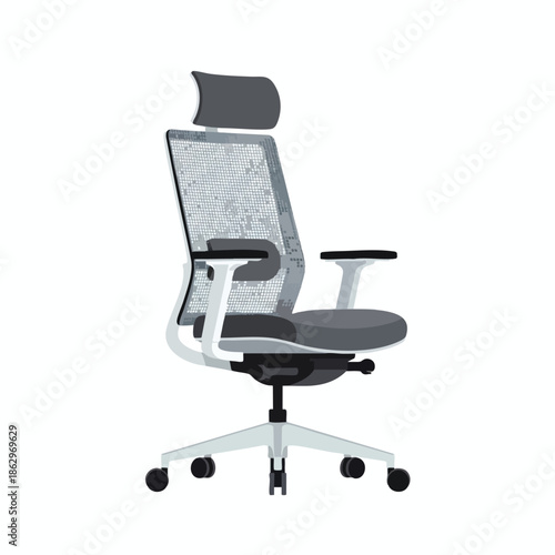 Modern ergonomic office chair with headrest, mesh back, armrests, and wheels