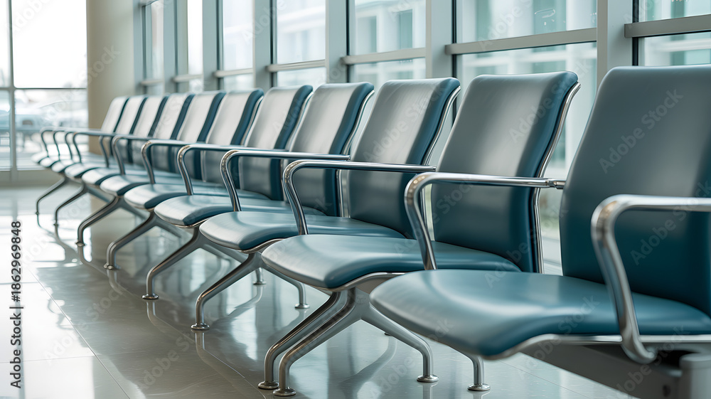 Fototapeta premium Empty red leather seats stand in rows within a silent airport waiting hall, creating a modern interior furniture arrangement for business travel with nobody inside the room