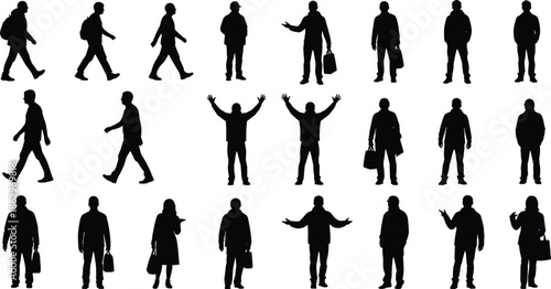 people, men, women, silhouettes, walking, standing, gestures, human, figures, crowd, lifestyle, casual, urban, activity, posture, motion, character, icon, vector, collection
