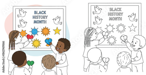 Children Collaborating on "Black History Month" Display, Celebrating Culture and Unity