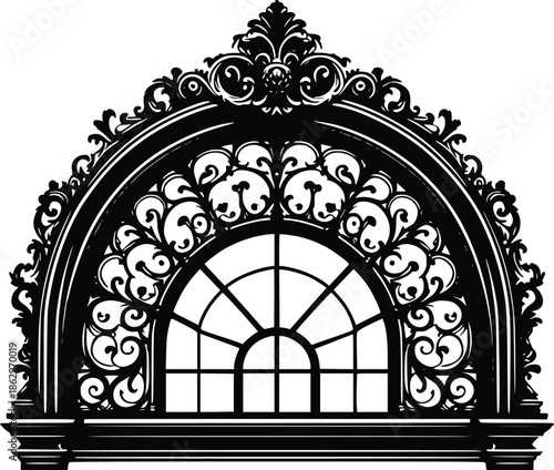 Intricate black and white arched window frame with decorative floral elements