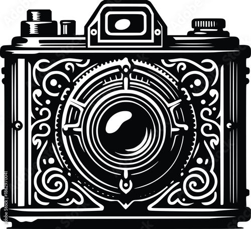 An ornate vintage camera illustration in black and white detailed design
