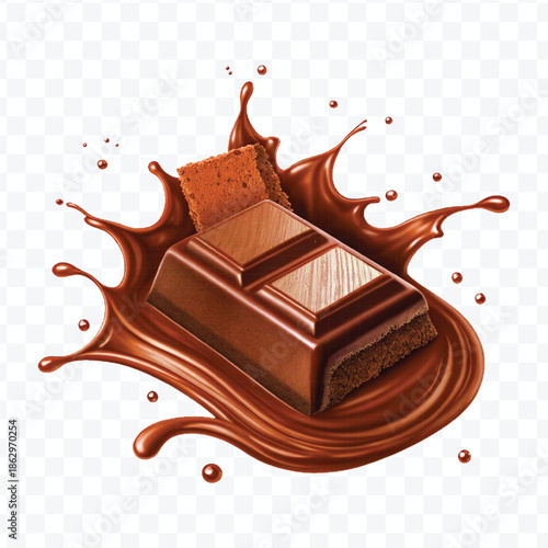 realistic 3d  dark chocolate bar with chocolate cream splash in different  style isolated on transparent background	
