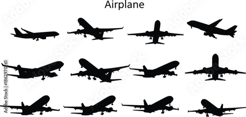 Airplane silhouette collection featuring commercial aircraft in flight, takeoff and landing positions, aviation travel concept, transportation design, and aerospace illustration