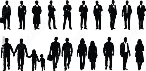 Business and family people silhouettes set showing men women and children walking standing isolated on white background vector illustration