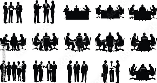 Business meeting silhouettes collection showing corporate teamwork, negotiations, office discussions, professional collaboration, leadership concepts, and modern workplace communication scenes