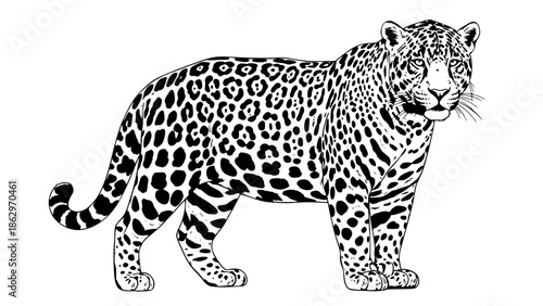 Vector illustration of a jaguar (onça-pintada), realistic wildlife style, detailed fur and spots, standing pose, Amazon rainforest concept, clean background, high quality vector