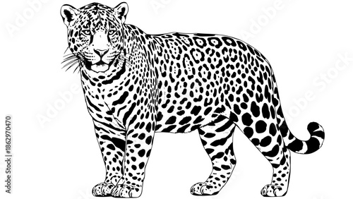 Vector illustration of a jaguar (onça-pintada), realistic wildlife style, detailed fur and spots, standing pose, Amazon rainforest concept, clean background, high quality vector