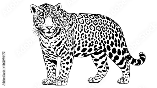 Vector illustration of a jaguar (onça-pintada), realistic wildlife style, detailed fur and spots, standing pose, Amazon rainforest concept, clean background, high quality vector