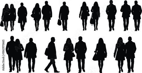 Business people silhouettes walking isolated on white background, professional men and women crowd illustration for urban lifestyle and corporate concepts