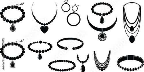 jewelry, necklace, necklaces, bracelet, bracelets, earrings, accessory, accessories, fashion, luxury, elegance, beads, pendant, chain, ornament, silhouette, icon, vector, illustration, collection