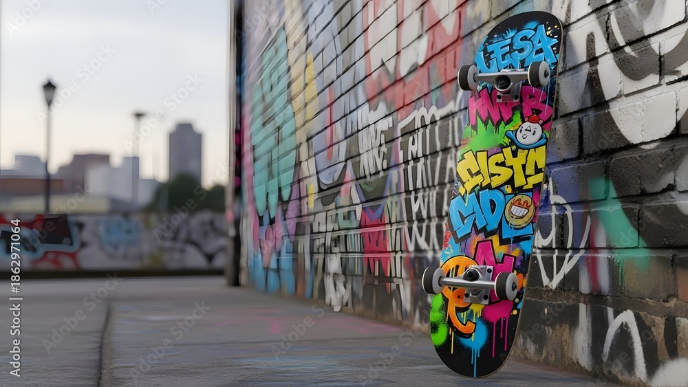 Fototapeta premium Colorful Graffiti Skateboard Leaning Against Urban Brick Wall