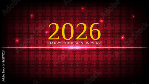 Festive Chinese New Year 2026 design with golden typography on red geometric pattern, glowing light effects and celebration mood