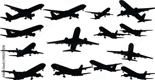 Commercial airplane silhouettes flying and landing, aviation transportation concept with multiple passenger jets, travel industry illustration isolated on white background