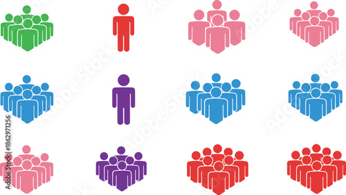 Colorful people group icons representing community diversity, teamwork, social networks, audience segmentation, and population groups on white background