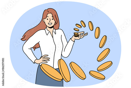 Rich woman stands among flying coins falling into hand on their own, for concept of easy money. Businesswoman gets easy money thanks to professional skills and leadership qualities