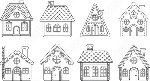 Cute gingerbread house outline illustrations set, hand drawn Christmas holiday cottage designs, festive coloring book style vector collection