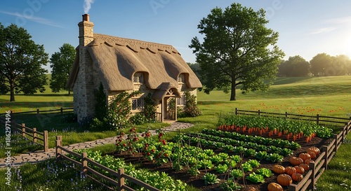 Idyllic stone cottage features a thatched roof beside a lush vegetable garden bathed in sunlight